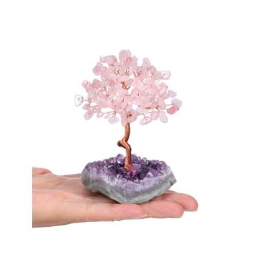 Imagem de GEHECRST Árvore de cristais de quartzo rosa mini pedras de cristal de cura árvores com base de aglomerado de ametista natural crua feita à mão, árvore da vida, Feng Shui, boa sorte, presentes de