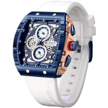 Imagem de FORSINING Relógio esportivo masculino de quartzo Tonneau, cronógrafo/cronômetro com mostrador de data, pulseira de silicone à prova d'água em forma de barril, 6 cores esportivas, Branco