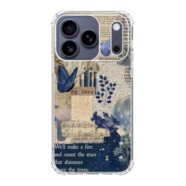 Imagem de Fisgerod Capa de telefone com imagem de borboleta azul para iPhone 17 Pro, capa de telefone vintage colagem de jornal, capa amortecedora de TPU macio e moderno