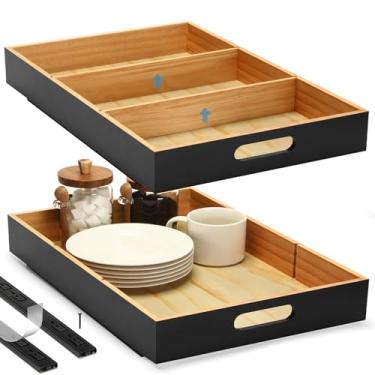 Imagem de CroBlissful 2 organizadores de armário com divisórias removíveis, gavetas deslizantes de madeira sem pregos de 35,5 cm L x 53 cm P com fita adesiva, prateleiras dobráveis para cozinha, despensa