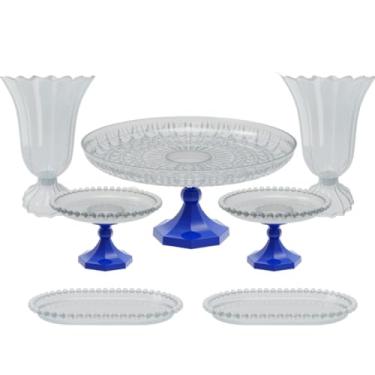 Imagem de Kit Cristal boleira lapidada 24x11+2 vasos popi+2 mini boleiras perola+ 2 bandejas perola 20x13 cm(TQ - AZUL TURQUESA)