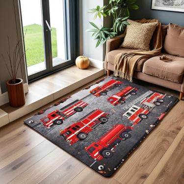 Imagem de Tapete de área de caminhão de bombeiros para meninos adolescentes quarto infantil, carro temático seguro para carros de bombeiros, tapete antiderrapante 1,5 x 1,8 m para sala de estar, tapete de carros de máquinas, tapete moderno e legal sem queda