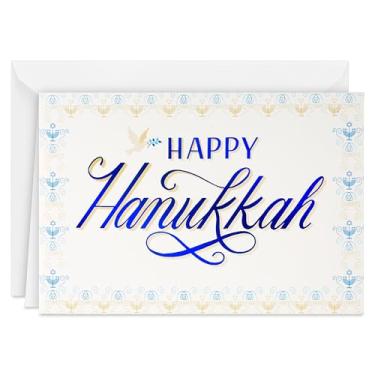 Imagem de Hallmark Tree of Life Cartões em caixa de Hanukkah a granel (40 cartões e 40 envelopes) azul com menorá de folha dourada, estrela de Davi, pomba da paz