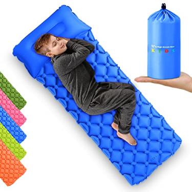 Imagem de Kids Sleeping Pad for Camping and Sleepovers with Pillow, Inflatable Camping Mattress for Backpacking & Travel, Thick Toddler Cot Mat, Fast Inflating Camping Sleeping Pads for Kids (Blue)