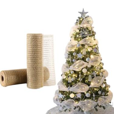 Imagem de Fita de malha metálica dourada, 25,4 cm x 7,5 m (10 jardas) rolos de tule de Natal com glitter para árvore de Natal, suprimentos para fazer grinaldas, embrulho de presente, guirlanda, laços, casamento