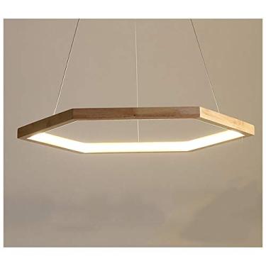 Imagem de Luminária pendente LED hexagonal moderna de madeira com comprimento de cabo ajustável, ideal para mesa de jantar, sala de estar e quartos, Ø40 cm, 24 W, luz branca quente