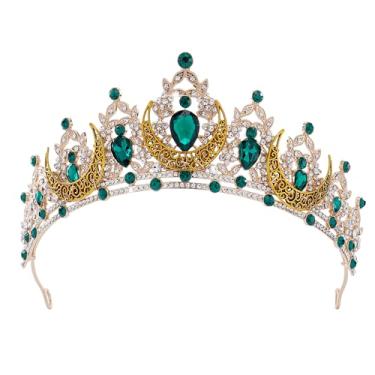 Imagem de CoTeeZa Fantasia coroa de rainha verde para mulheres – cabeça de deusa medieval lua strass, tiara de casamento para noiva, acessórios de cabelo de noiva, cosplay renascentista, dia das bruxas