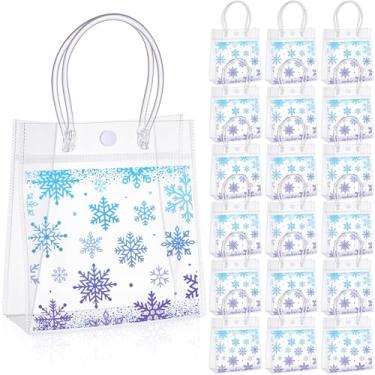 Imagem de Sweetude 60 peças de sacos de presente transparentes de floco de neve, PVC, Natal, inverno, lembrancinhas, sacolas de plástico para doces e guloseimas com alças azuis e roxas para chá de bebê de