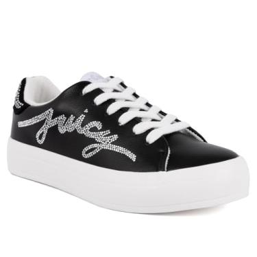 Imagem de Juicy Couture Tênis de plataforma feminino com logotipo escrito em glitter – Sapatos casuais com cadarço para o dia a dia - Aurelie, Preto, 39