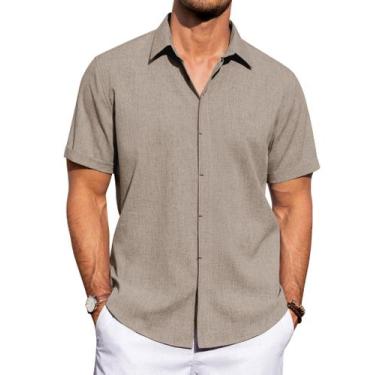Imagem de Camisa masculina de algodão e linho de manga curta J.VER Khaki G-Large