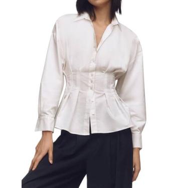 Imagem de Blusa feminina Dewpaur listrada com botões plissada e manga curta - Ds