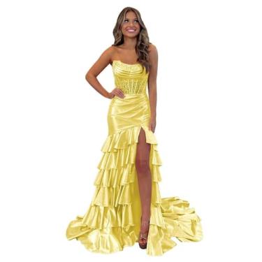 Imagem de Vestido de formatura formal Mollyevers 2025 Yellow Satin Mermaid