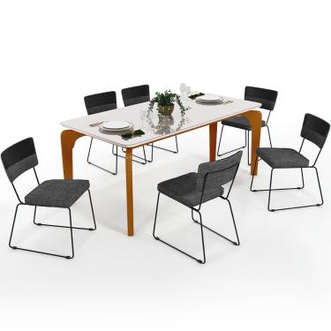 Imagem de Mesa Capri 160cm Off White Com 6 Cadeiras Allana B05 Corano Preto Linho Cinza Escuro - Lyam Decor