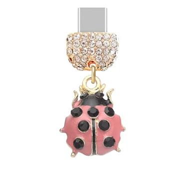 Imagem de ELISE & FONDA TP953 Tipo-C porta de carregamento cristal antipoeira pequeno pingente de telefone celular joaninha de cristal 3D para iPhone 15/16/Samsung/OnePlus/Xiaomi/oppo telefones Android (rosa)