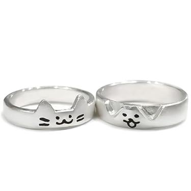 Imagem de Anel Prateado Desenho Gato e Cachorro Simbólica de Amizade Amor Ajustável