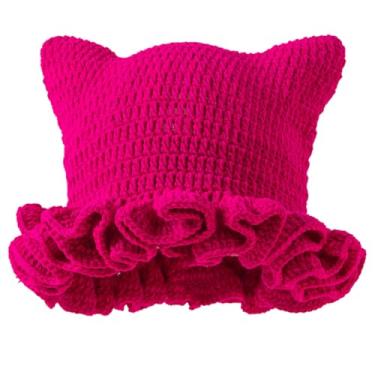Imagem de eYourlife2012 Ruffled Brim Knitted Beanie Hats with Horns Handmade Crochet Bucket Hat with Cat Ears for Womens Cosplay Costumn Halloween (US, Alpha, One Size, Rose)