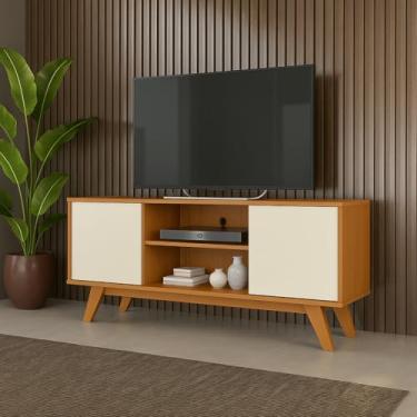 Imagem de Rack Turim Para TV de até 50 Polegadas Com 2 Portas Pés Madeira Sala Nicho Divisórias (CEDRO/OFF)