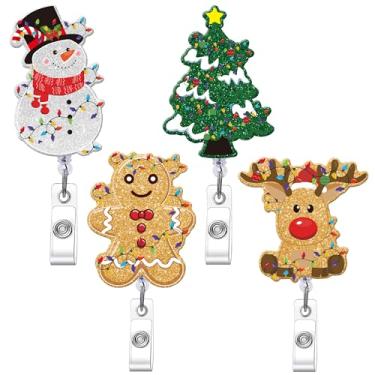 Imagem de 4 carretéis de crachá de Natal, boneco de neve, rena e pão de gengibre, porta-identidade retrátil, clipe de crachá de inverno, acessórios de trabalho, presentes para enfermeiros, professores, colegas