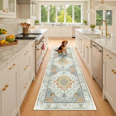 Imagem de RELEANY Tapetes de área de 6 x 20 cm lavável, antiderrapante, estampa floral, vintage, tapete medalhão para sala de estar, quarto, sala de jantar, amarelo claro cinza carbono laranja