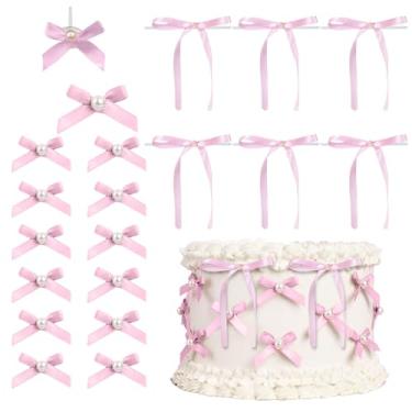 Imagem de 18 peças de topo de bolo de laço, fitas de aniversário, enfeite de cupcake, laço rosa, decoração de bolo de pérola, decoração de festa de aniversário de princesa para casamento com tema rosa, dia dos
