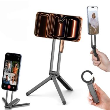 Imagem de Huogantom Tripé magnético para celular, mini tripé dobrável de liga de alumínio para celular, suporte ajustável essencial de viagem para mesa/portátil, compatível com iPhone 17/16/15/14/13/12, preto