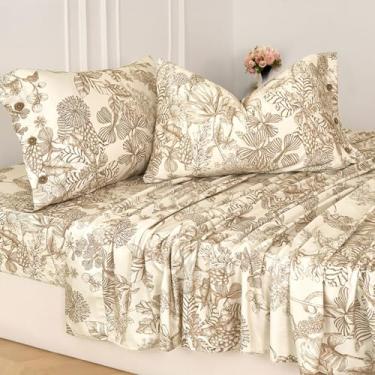 Imagem de Zusbest Jogo de cama queen bege 400 fios, 100% algodão, tipo flanela, quente, luxuoso, marrom, vaso sanitário, floral, 4 peças, bolso profundo, 43 cm, fronhas de botão, escovado, extra macio
