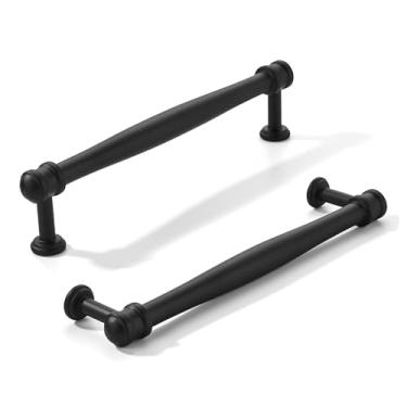 Imagem de khtumeware Pacote com 10 puxadores de armário preto fosco central de 5 polegadas (128 mm), alça sólida para armário de cozinha resistente, ferragens de armário para penteadeira, puxador de banheiro