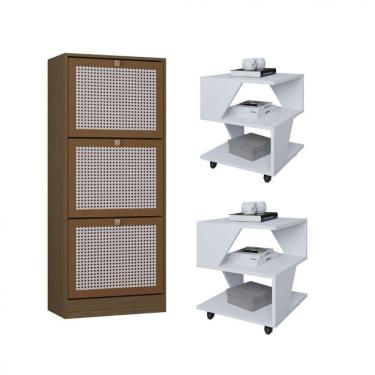 Imagem de Kit Sapateira Spin Tropical 3 Portas E 2 Mesas De Cabeceira Branco/carvalho