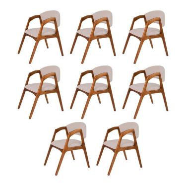Imagem de Conjunto Com 8 Cadeiras De Jantar Estofada Gabriela Em Madeira E Mdf Cerejeira Linho Bege