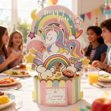 Imagem de Cartão de aniversário pop-up 3D com sonhos de arco-íris, design mágico de unicórnio