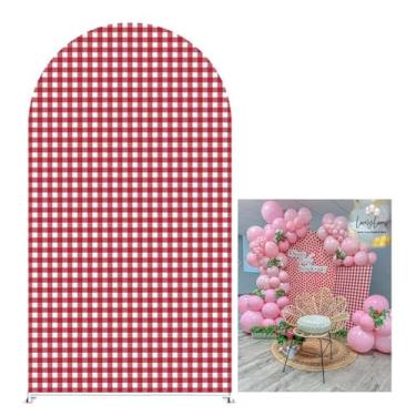 Imagem de Aerdce Capa de fundo em arco xadrez vermelho e branco com tema de morango, capas elásticas arqueadas para meninas, aniversários, festas de chá de bebê (apenas capa)