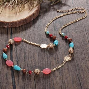 Imagem de Colar banhado a ouro com contas de madeira natural e cristal turquesa, No size, Liga de aço, Sem Pedra Preciosa