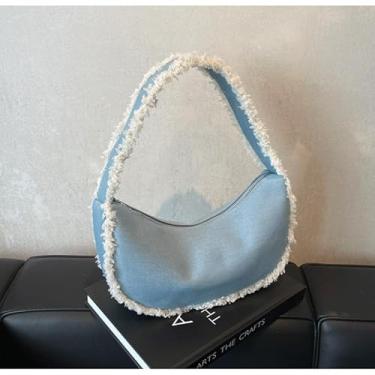 Imagem de Bolsa de ombro feminina de lona com corrente crescente, bolsa transversal pequena com borda peluda, Azul, Medium, Mochila casual
