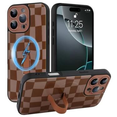 Imagem de SOKAD Capa quadriculada magnética para iPhone 16 Pro Max com suporte de alça de dedo, compatível com Magsafe, lindo tabuleiro de xadrez projetado para mulheres e homens, capa de proteção completa para