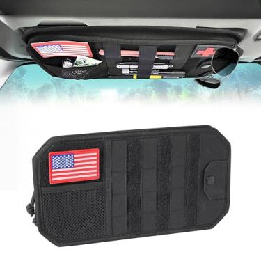 Imagem de Organizador de viseira de sol para carro com painel MOLLE e bolsa de armazenamento com zíper, placa rígida de PE evita flacidez, acessório de engrenagem tática, inclui clipe de suporte de óculos de