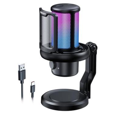 Imagem de MRSDY Microfone para jogos, microfone condensador de cancelamento de ruído USB com conector de fone de ouvido, mudo, ganho, RGB, adequado para PC, computador, PS4, PS5, Mac, streaming, podcast