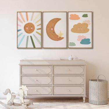 Imagem de Quadro Decorativo Infantil Sol Lua e Nuvens 3 Telas 60x90 Cm para Quarto Sala Brinquedoteca