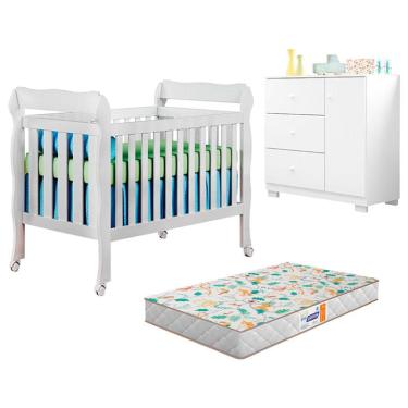 Imagem de Berço Americano Lila e Cômoda Infantil Duda Branco Brilho com Colchão Gazin – Phoenix Baby