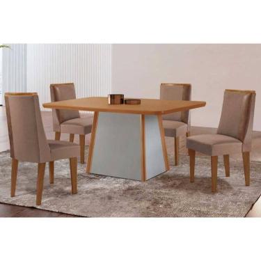 Imagem de Conjunto Sala de Jantar Tilia c/ Tampo Madeirado Canto Curvo 120x80cm e 4 Cadeiras Tilia Madeira Maciça Naturale/Off White - Capuccino/Suede Capuccino