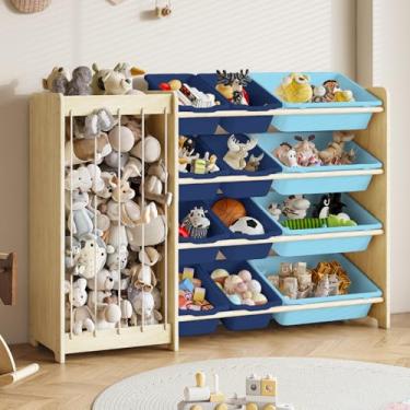 Imagem de EXPERLAM Organizador de brinquedos para crianças, armazenamento de animais de pelúcia 2 em 1 e organizador de brinquedos com 12 caixas de armazenamento, rack de brinquedos de madeira maciça com cordas