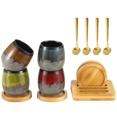 Imagem de LUMINFLY Conjunto de xícaras de café expresso de cerâmica com colheres banhadas a ouro e porta-copos de madeira, conjunto de chá e café pintados à mão com base de armazenamento