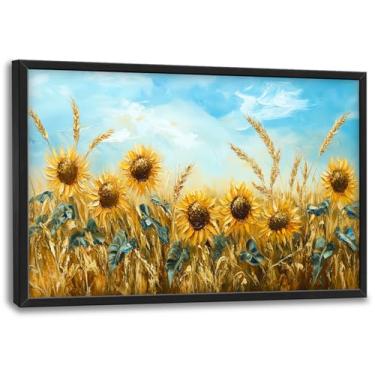 Imagem de Olivine Arte de parede grande, decoração de parede com imagens de girassol, pintura de trigo de girassol, impressões em tela de paisagem natural, arte emoldurada para sala de estar, quarto, banheiro