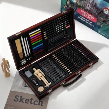 Imagem de Conjunto de 58 peças de arte de esboço - Materiais profissionais de desenho de madeira com caderno de desenho, lápis de carvão e ferramentas de desenho completas, ideal para adolescentes, crianças