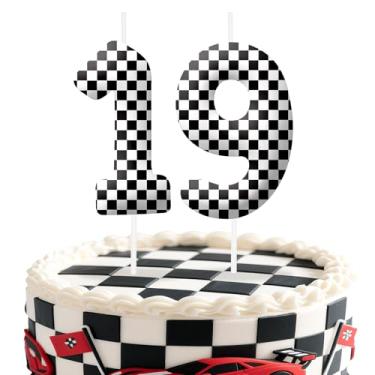 Imagem de Velas de aniversário número 19 de carros de corrida, preto e branco, topo de bolo com tema de bandeira quadriculada para meninos e meninas, decorações de bolo para aniversários, suprimentos de festa