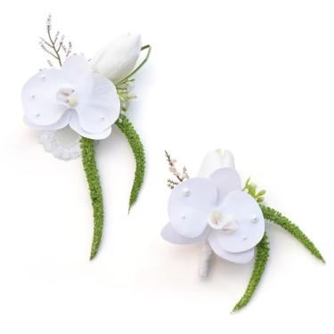 Imagem de Angela flower Conjunto de 2 acessórios para buquê de orquídea de tulipa branca, 1 peça de flores de pulso de dama de honra, 1 peça de boutonniere de noivo para homens, corpete para festa de corsage