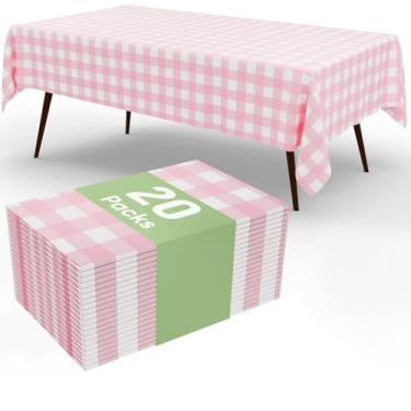 Imagem de Smiry 20 panos de mesa descartáveis guingão, toalha de mesa de plástico impermeável, 137 x 272 cm, capas de mesa quadriculadas retangulares rosa e branco para piquenique, aniversário, festa