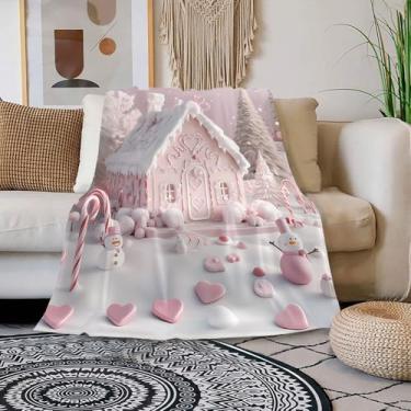 Imagem de Cobertor de Natal para casa de pão de gengibre rosa festivo boneco de neve cobertor para sofá-cama sofá cobertor de inverno macio aconchegante decoração de natal para mulheres homens crianças 101 x