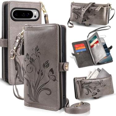 Imagem de Lacass Capa carteira para Google Pixel 9 Pro XL/10 Pro XL, porta-cartões com bloqueio de RFID, zíper de couro, alça de pulso transversal com suporte (cinza floral)