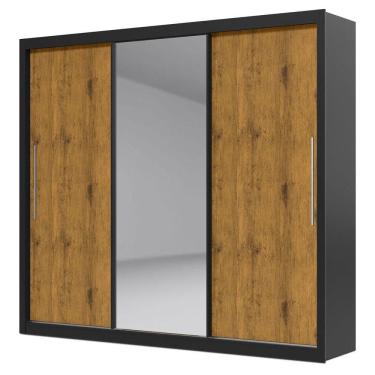 Imagem de Guarda-roupa Com Espelho 3 Portas Royale Preto Com Madeira - Gelius Móveis