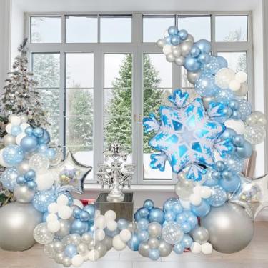 Imagem de 118 peças de arco de guirlanda de balões de floco de neve, prata, transparente, balão de floco de neve azul para o inverno das maravilhas feriado Natal chá de bebê neve princesa festa de aniversário decoração guirlanda balão
